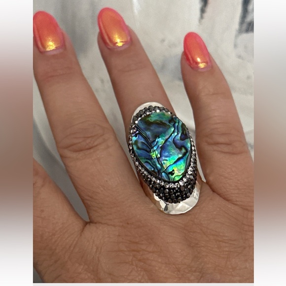 Abalone She’ll Ring.  Micro Pave accent. Adjustable silver band - Picture 1 of 4